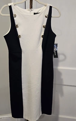 Nuevo con etiquetas Vestido Midi Moderno Acentos Botones Dorado Azul Marino y Marfil Sharagano Cremallera Trasera Talla 6 Foto 1 de 4