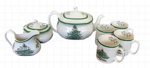 Spode Christmas Tree Tea Set - Tea Pot w/lid, Sugar Bowl w/lid, Creamer, 4 Mugs - Picture 1 of 24