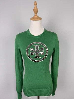 TORY BURCH Green Big Silver Logo 100% Wool Long Sleeve Zip Sweater Sz XS - Image 1 of 4