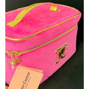 Juicy Couture Makeup Cosmetic Travel Case XL Hot Pink Gold Handle Velour NEW - Picture 1 of 5