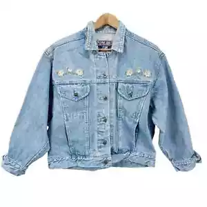 VTG Point Zero Womens XL Jeans Denim Jacket Embroidered Floral Trucker Boho - Picture 1 of 6