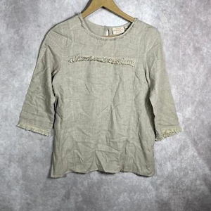 Rungolee Blouse Womens Size XS Beige Linen Fringe Trim 3/4 Sleeve Boho Lagenlook - Picture 1 of 8
