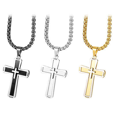Men Women Stainless Steel Cross Prayer Pendant Chain Necklace Religious Gift • 9.99€