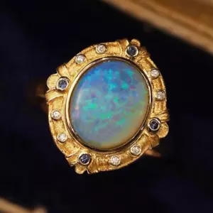 Anello donna lunetta diamante naturale opale stile corte retrò oro giallo massiccio 14 carati - Foto 1 di 7