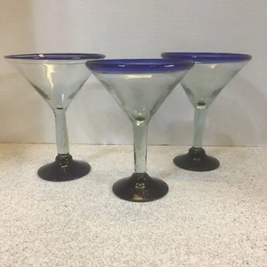 3 Mexican Margarita/Cosmopolitan Glasses Hand Blown Cobalt Blue Rim & Base - Picture 1 of 9
