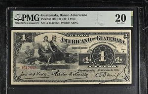 GUATEMALA Banco Americano 1 PESO  S111b 1914-1920  PMG 20.VERY FINE.  RARE - Picture 1 of 2