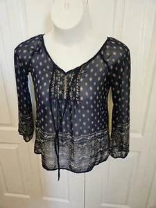 Blu Pepper Beaded Sheer Peasant Top Size Small Blue Print Long Sleeves - Picture 1 of 6