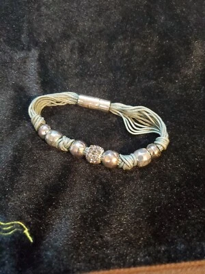 CHICO’S Corded Bracelet w/ Gold, Silver & Crystal Beads~Gray/Khaki Green - Image 1 of 4