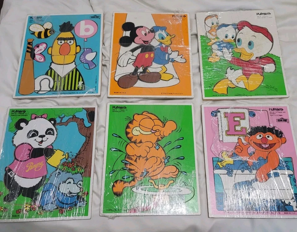 PLAYSKOOL Lot Wooden Puzzles VTG Garfield Ernie Bert Mickey Donald Garfield - Image 1 of 1