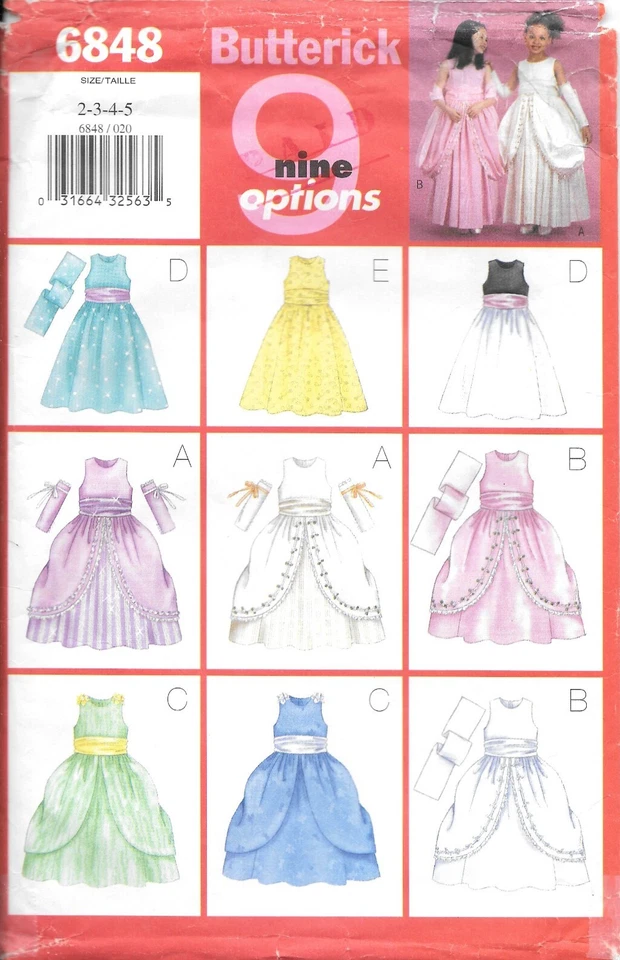 Butterick Sewing Pattern 6848 Children's Flared Dresses Sash Scarf Size: 2-3-4-5 - Image 1 of 2