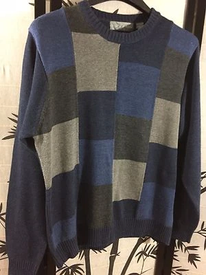 Oscar De La Renta Pullover Men's XL Sweater Blue Gray Black Cotton LS Crew Neck - Image 1 of 4