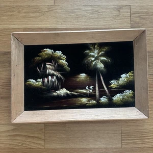 Vintage Black Velvet Painting Tropical Palm Trees & Sailboats Signed Nandig - Picture 1 of 10
