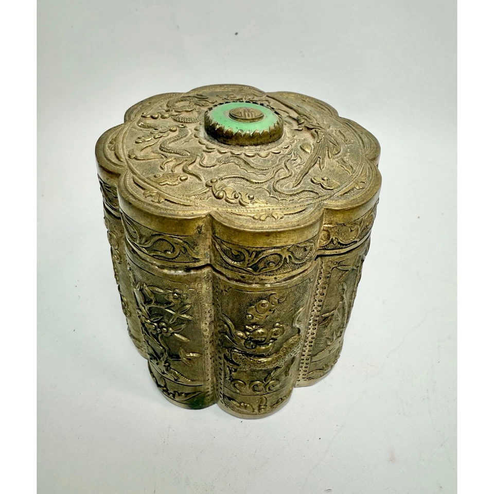 Antiguo carrito de té chino del siglo XIX plateado con tapa de disco bi de jade Foto 1 de 4