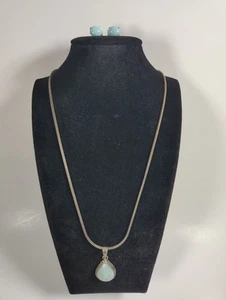 Vtg Earring & Necklace Set Sterling Silver Larimar Teardrop Cabochon Rare - Picture 1 of 8