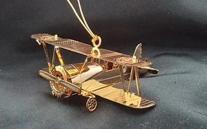 BIPLANE METAL ART AIRPLANE CHRISTMAS ORNAMENT VTG GOLDTONE AVIATION ENTHUSIAST - Picture 1 of 10