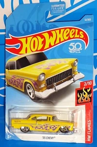 Hot Wheels 2018 HW Flames '55 Chevy Mtflk Yellow w/ Front Axle Production Flaw - Picture 1 of 6
