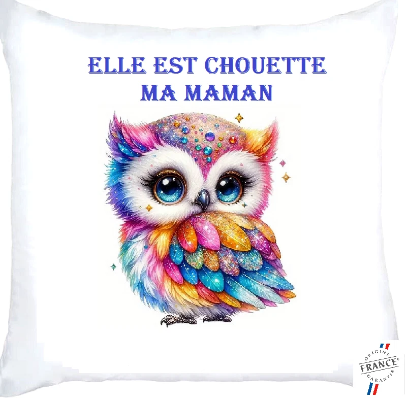 Housse de Coussin Chouette. Personnalisé avec Elle est Chouette ma Maman. - Photo 1/1