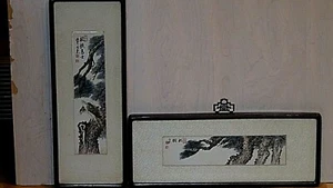 SET DI 2 ANTICHI DIPINTI AD ACQUERELLO SUMI LUNGHI ASIATICI SU CARTA, FIRMATI, SIGILLO ROSSO - Foto 1 di 12