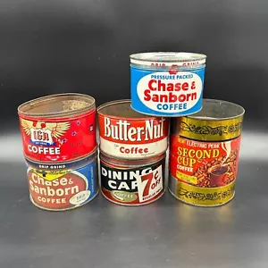 Vintage Coffee Can Tin Lot Of 6 Chase Sanborn Butternut IGA Rustic Kitchen Decor - Picture 1 of 9