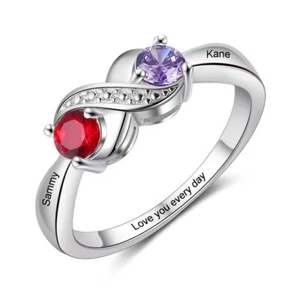 Custom Double Birthstone Name Engraved Ring Infinity Engagement Anniversary Gift - Picture 1 of 7