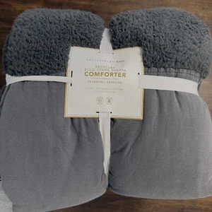 POTTERY BARN TEEN RECYCLED BOLD STRIPE SHERPA COMFORTER, TWIN ~ CHARCOAL GRAY - Picture 1 of 11