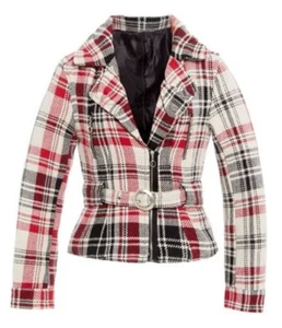 Womens Check Biker Jacket Ladies Coat Size 8 10 12 14 Red Cream New - Imagen 1 de 5