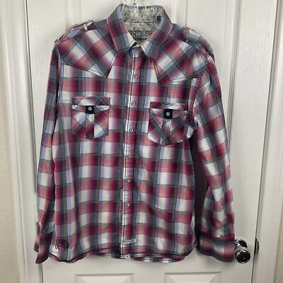 English Laundry: John Lennon Men’s Flip Cuff Button Up Red Plaid Cotton Shirt L - Image 1 of 4