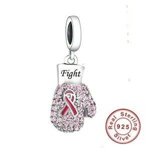 💖 Pink Ribbon Charm Awareness Boxing Glove Genuine 925 Sterling Silver  - Picture 1 of 2