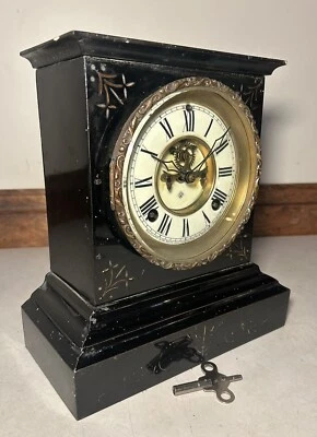 Ansonia Lisbon Open Escapement Enameled Iron Case Black Mantel Table Shelf Clock - Image 1 of 4