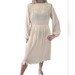 Vintage Hal Ferman PCF Petites Pleated Midi Dress Cream Long Sleeve 70s 80s - Picture 1 of 9
