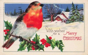 With Wishes for a Merry Christmas Robin & Holly PC Posted 1929 Bethel, CT - Picture 1 of 2