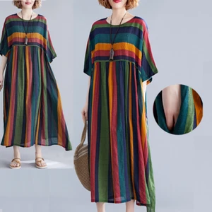 Lady Rainbow Plain Long Maxi Dress Cotton Blend Beach Loose Baggy Breathable - Picture 1 of 9