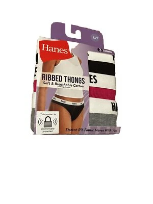 7/L Hanes Women’s Ribbed Cotton Thong 3-Pack, Pink, Black, Gray Stretch 40-41” - Image 1 of 3