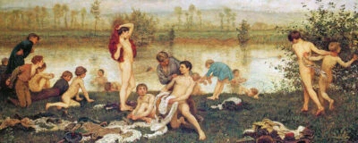 PINTURA ARTÍSTICA DE LOS NIÑOS BAÑISTAS LAGO NADANDO 1866 1867 POR FREDERICK WALKER REPRO  Foto 1 de 3