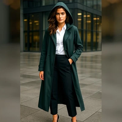 Gabardina Anne Klein 10 Capucha Larga Minimalista Verde Esmeralda Forrada Largo Completo Foto 1 de 4