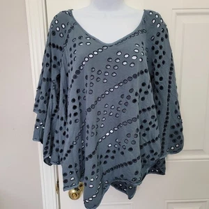 Free People Dot To Dot Eyelet Top Split Sleeve Relaxed Fit Grayish Blue Size XS - Bild 1 von 8