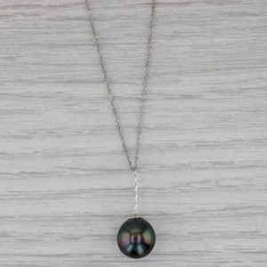 Effy Cultured Black Pearl Pendant Necklace 14k White Gold 17.5" Singapore Chain - Picture 1 of 6