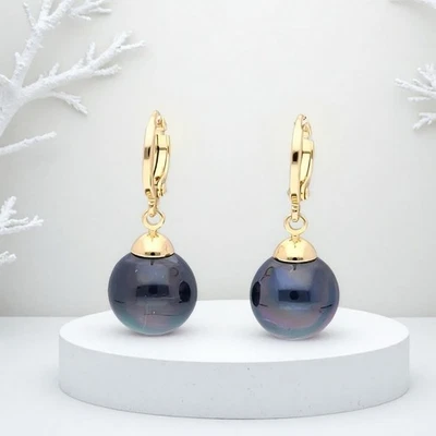 Boucles d'Oreilles - Femme - Créoles - Perle - Noire - 10 mm - Plaqué Or Jaune - Photo 1/4