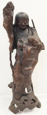 Figura inmortal Luohan masiva antigua china o japonesa tallada en madera de raíz de 41" Foto 1 de 4