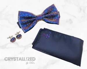 Bling Bow Tie Set AUSTRIAN CRYSTALS Men Cufflinks Pocket Square Bedazzled Custom - Picture 1 of 20