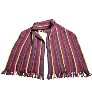 HUGO BOSS Unisex 100% Wool Striped Fringe Long Scarf Black Purple Orange FLAWS - Picture 1 of 9