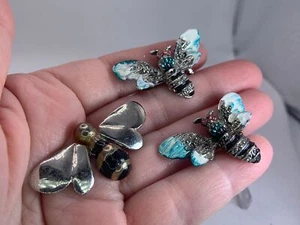 Lot of 3 Bees 2x Blue Enamel Vintage Silver Brooch Pin M-0314* - Picture 1 of 3