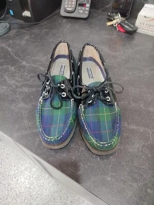 Women's Shoes Sperry Top-Sider A/O 2-EYE Boat Plaid NAVY Size 9 - Picture 1 of 6