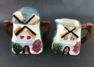 Molino de viento crema y azúcar de colección Japón ocupado cerámica azul blanco  Foto 1 de 4