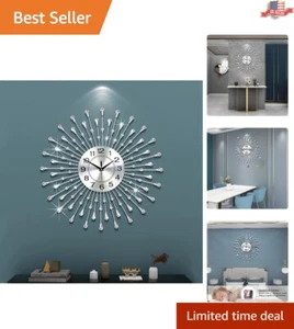 Large Modern Art Deco Silver Round Wall Clock - Quiet - Battery Operated - Metal - Picture 1 of 9