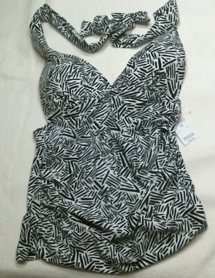 Camiseta Tankini Jaclyn Smith Swim Halter, Estampado Negro/Blanco, Tallas Missy, Nueva con Etiquetas  Foto 1 de 3