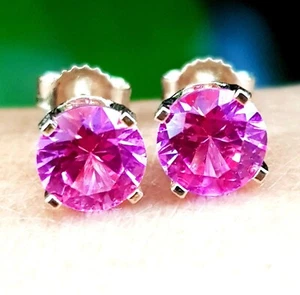 3.40ct Natural VS Medium Dark Pink Sapphire 14K Solid White Gold Stud Earrings - Picture 1 of 4