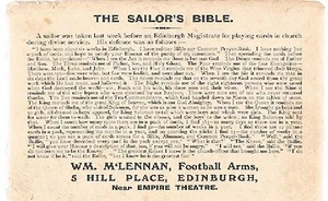 POSTAL LA BIBLIA DE LOS SAILORES W.M. BRAZOS DE FÚTBOL M LENNAN HILL PLACE EDIMBURGO 1910 - Imagen 1 de 2