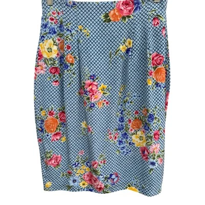 Diane Von Furstenberg Vintage Silk Blue Grid Pattern Multi Floral Pencil Skirt - Image 1 of 4