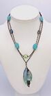 Antiqued Brass Two Chain Necklace, Abalone &amp; Faux Turquoise Beads, Abalone Leaf
